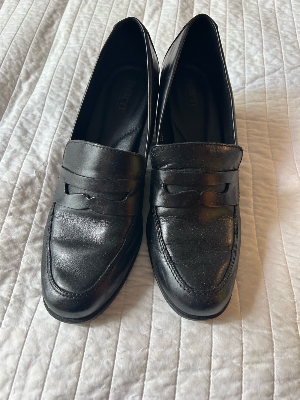 Born Black Leather Healed Loafers